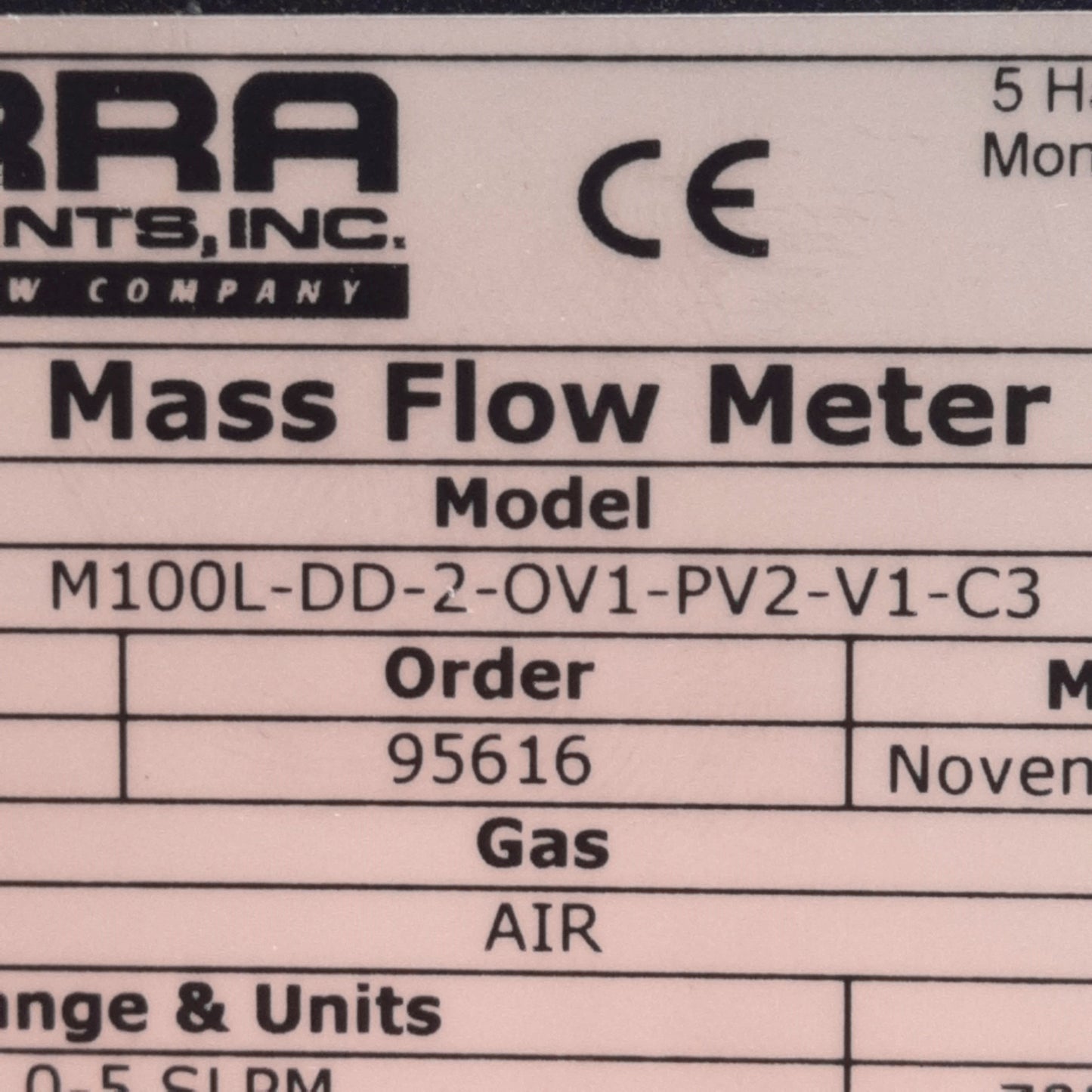 New – Open box Sierra M100L-DD-2-OV1-PV2-V1-C3 Mass Flow Meter, Air, 0-5SLPM, 500PSIG, 24VDC