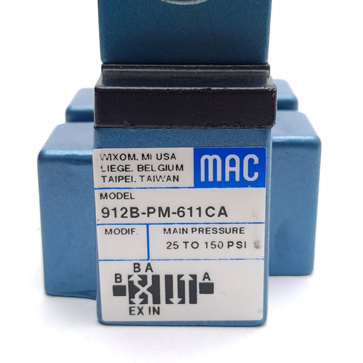 Used MAC 912B-PM-611CA Solenoid Valve, 4-Way, 25-150psi, W/ PME-611CAAA Pilot Valve