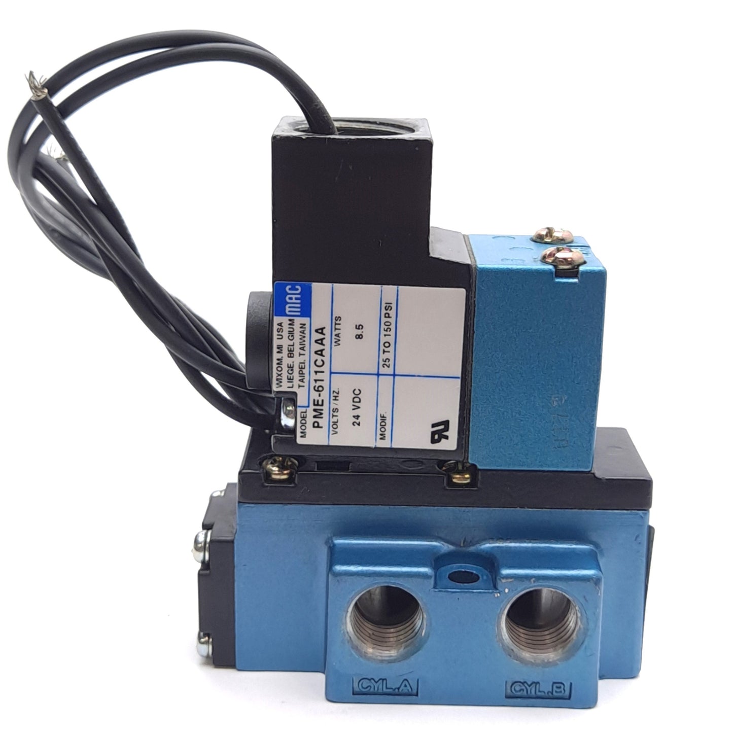 Used MAC 912B-PM-611CA Solenoid Valve, 4-Way, 25-150psi, W/ PME-611CAAA Pilot Valve