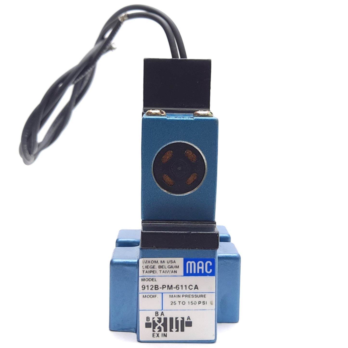 Used MAC 912B-PM-611CA Solenoid Valve, 4-Way, 25-150psi, W/ PME-611CAAA Pilot Valve