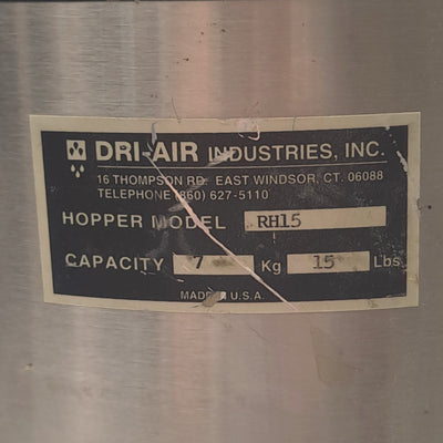 Used Dri-Air RH15 Drying Hopper, 15lb Capacity, ø2in Feed Hole *Modified Diffuser*
