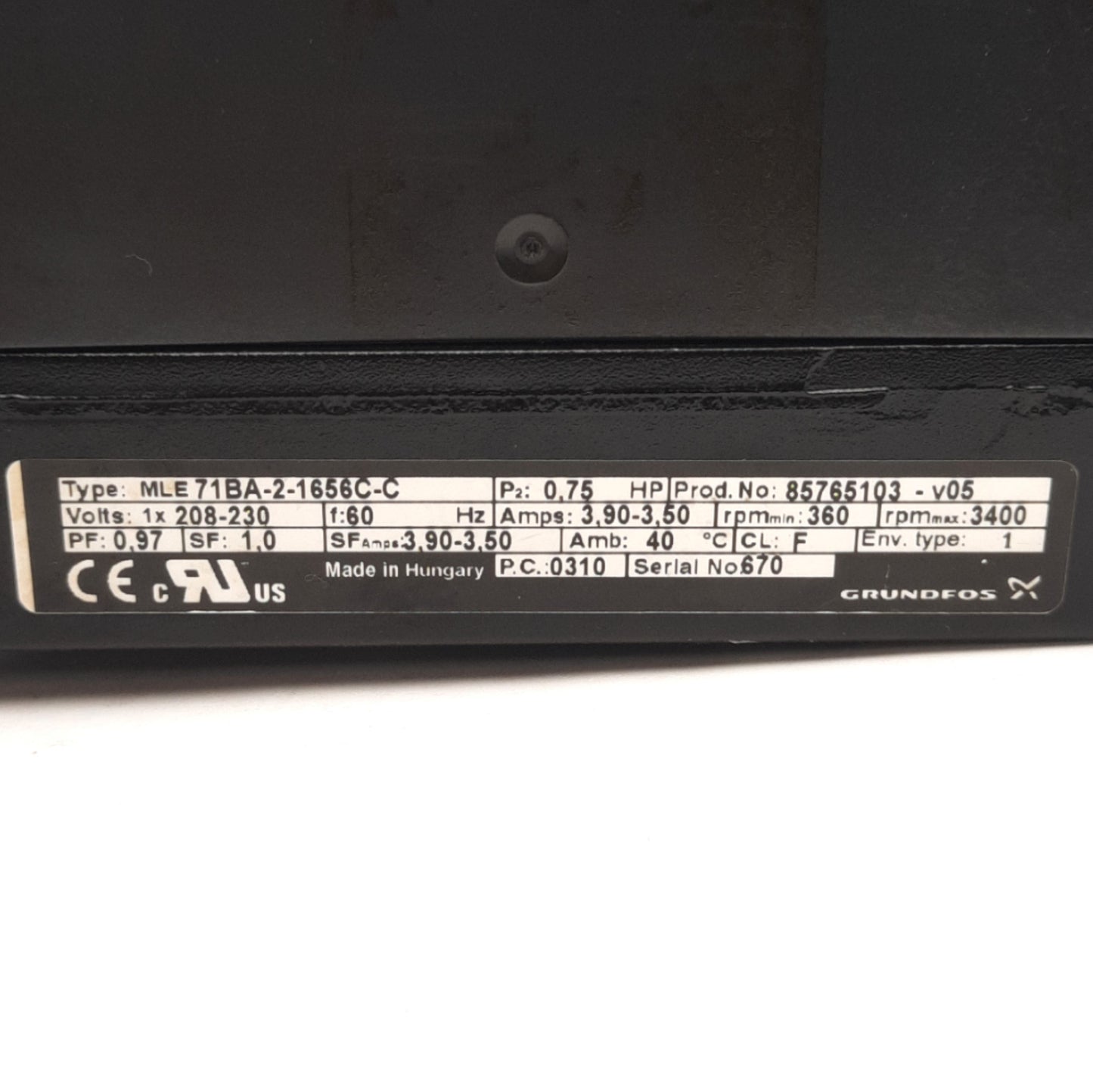 Used Grundfos MLE71BA-2-1656C-C Pump Motor VFD, 208-230VAC 3.9-3.5A, 3/4HP