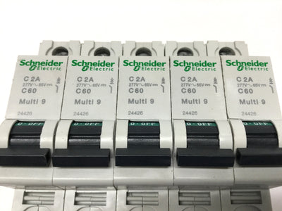 New – Open box Lot of 5 Schneider 24426 MULTI 9 C60 Circuit Breaker, 1-Pole, 2A C-Curve, 240VAC