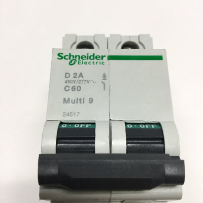 New – Open box Schneider 24517 MULTI 9 C60 Circuit Breaker, 2-Pole, 2A D-Curve, 440VAC