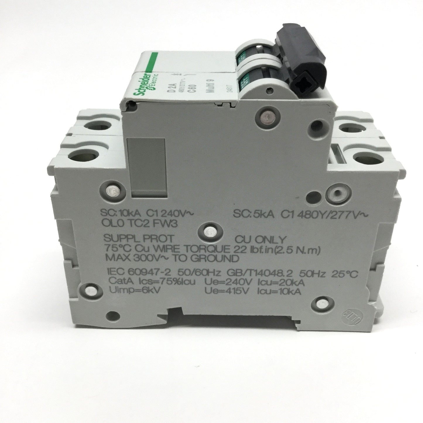 New – Open box Schneider 24517 MULTI 9 C60 Circuit Breaker, 2-Pole, 2A D-Curve, 440VAC
