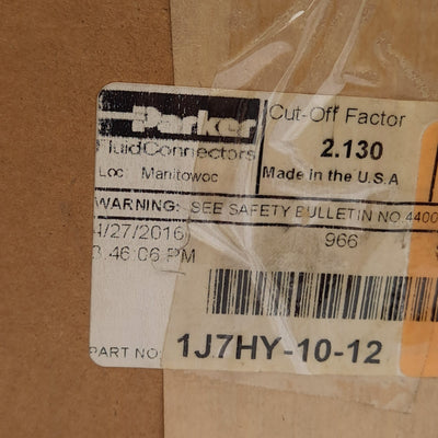 New – Open box Parker 1J7HY-10-12 Crimp Style Hydraulic Hose Fitting, 45° Elbow, ø3/4in Hose ID