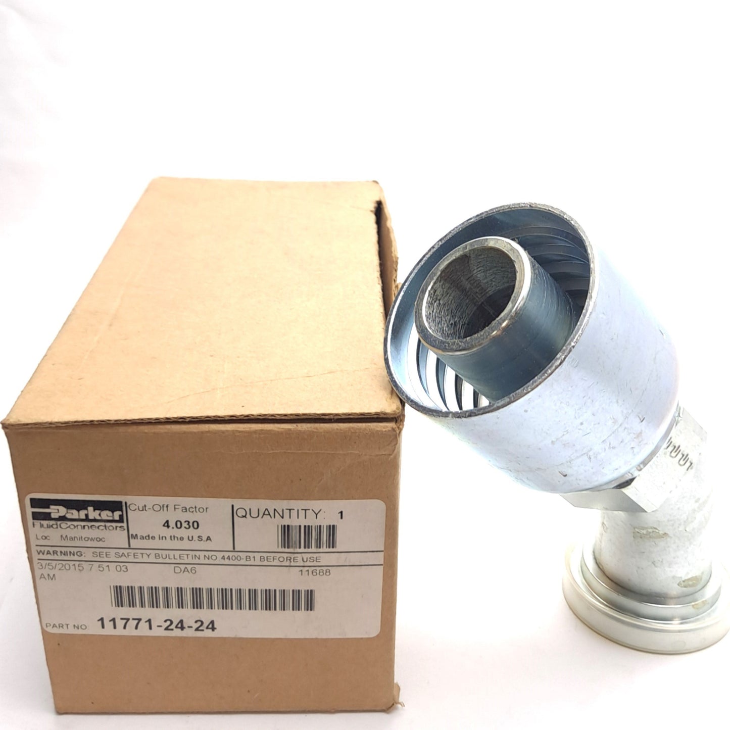 New – Open box Parker 11771-24-24 Crimp Style Hydraulic Hose Fitting, 45° Elbow, ø1.5in Hose ID