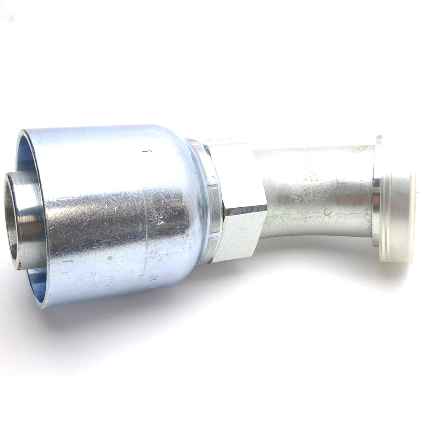New – Open box Parker 11771-24-24 Crimp Style Hydraulic Hose Fitting, 45° Elbow, ø1.5in Hose ID