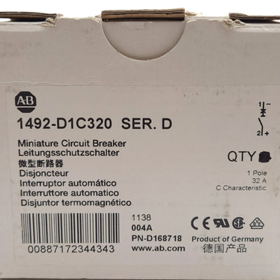 New Allen Bradley 1492-D1C320 Mini Circuit Breaker, 1-Pole, C-Curve, 250VDC 32A