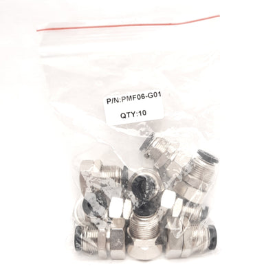 New Lot of 10 Pneuforce PMF06-G01 Pneumatic Bulkhead Fittings, G1/8 to 6mm Tube