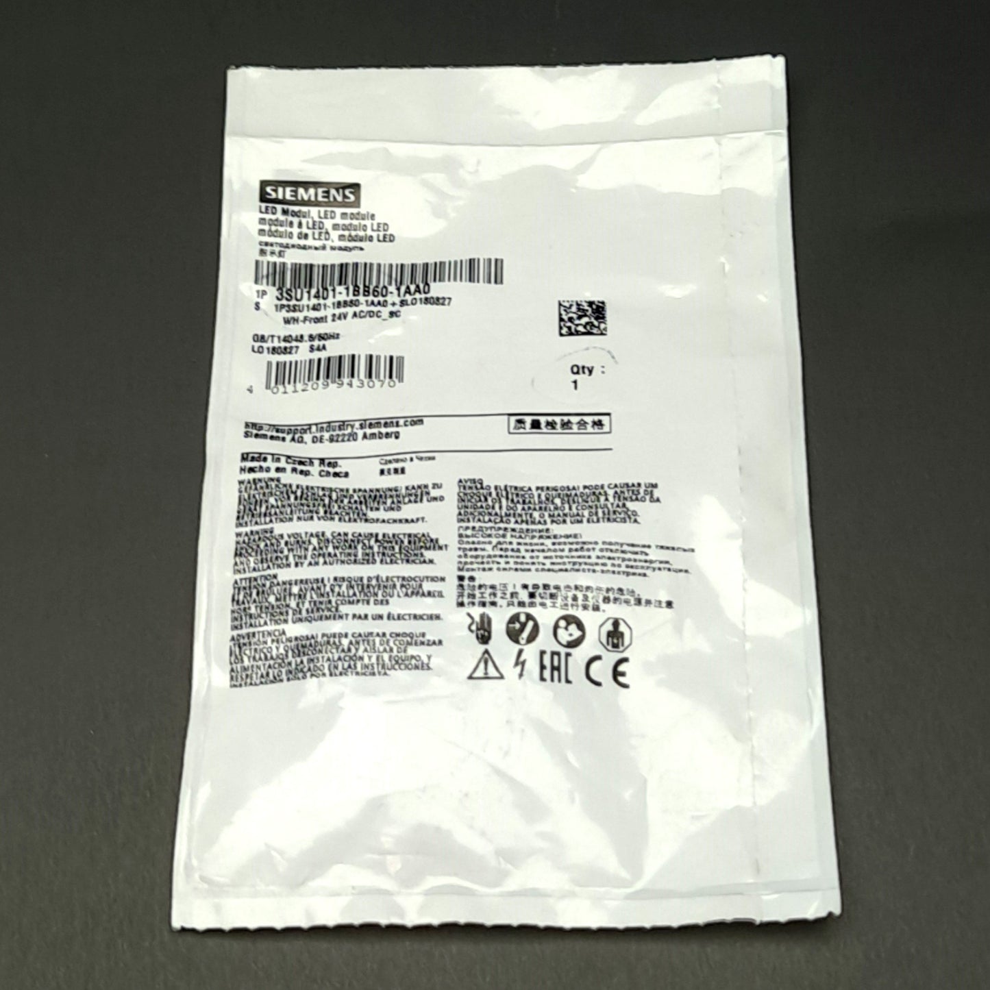 New Siemens 3SU1401-1BB60-1AA0 LED Module, White, Screw Terminal, 24VAC/DC