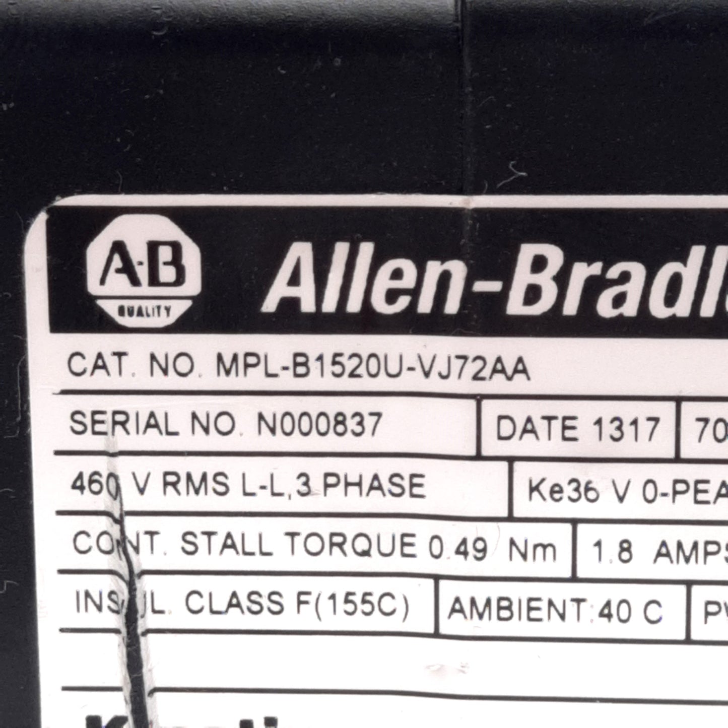 Used Allen Bradley MPL-B1520U-VJ72AA Servo Motor, 3PH 460VAC 0.27kW, 7000RPM, 0.49Nm