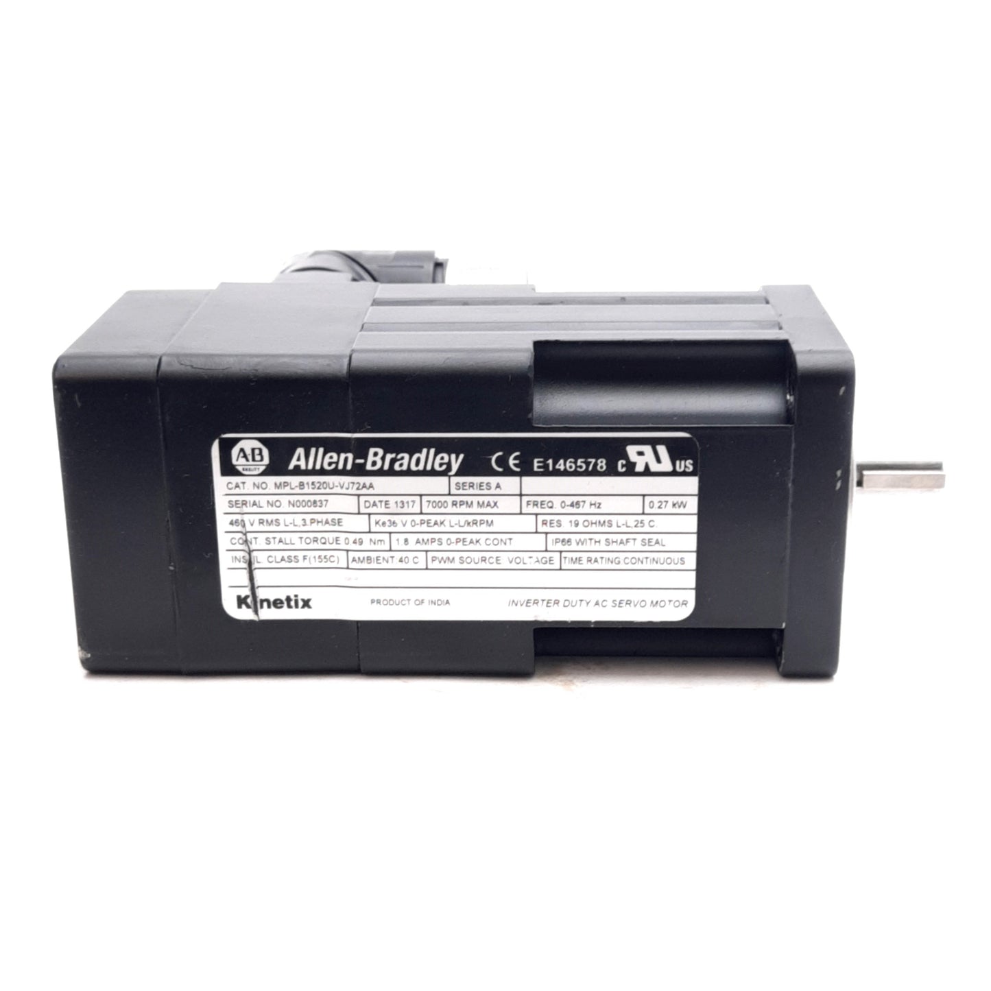 Used Allen Bradley MPL-B1520U-VJ72AA Servo Motor, 3PH 460VAC 0.27kW, 7000RPM, 0.49Nm