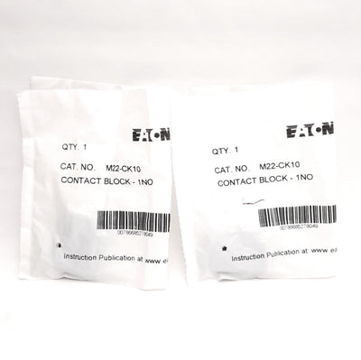 New Lot of 2 Eaton M22-CK10 22.5mm Pushbutton Contact Block, NO, 500VAC/230VDC