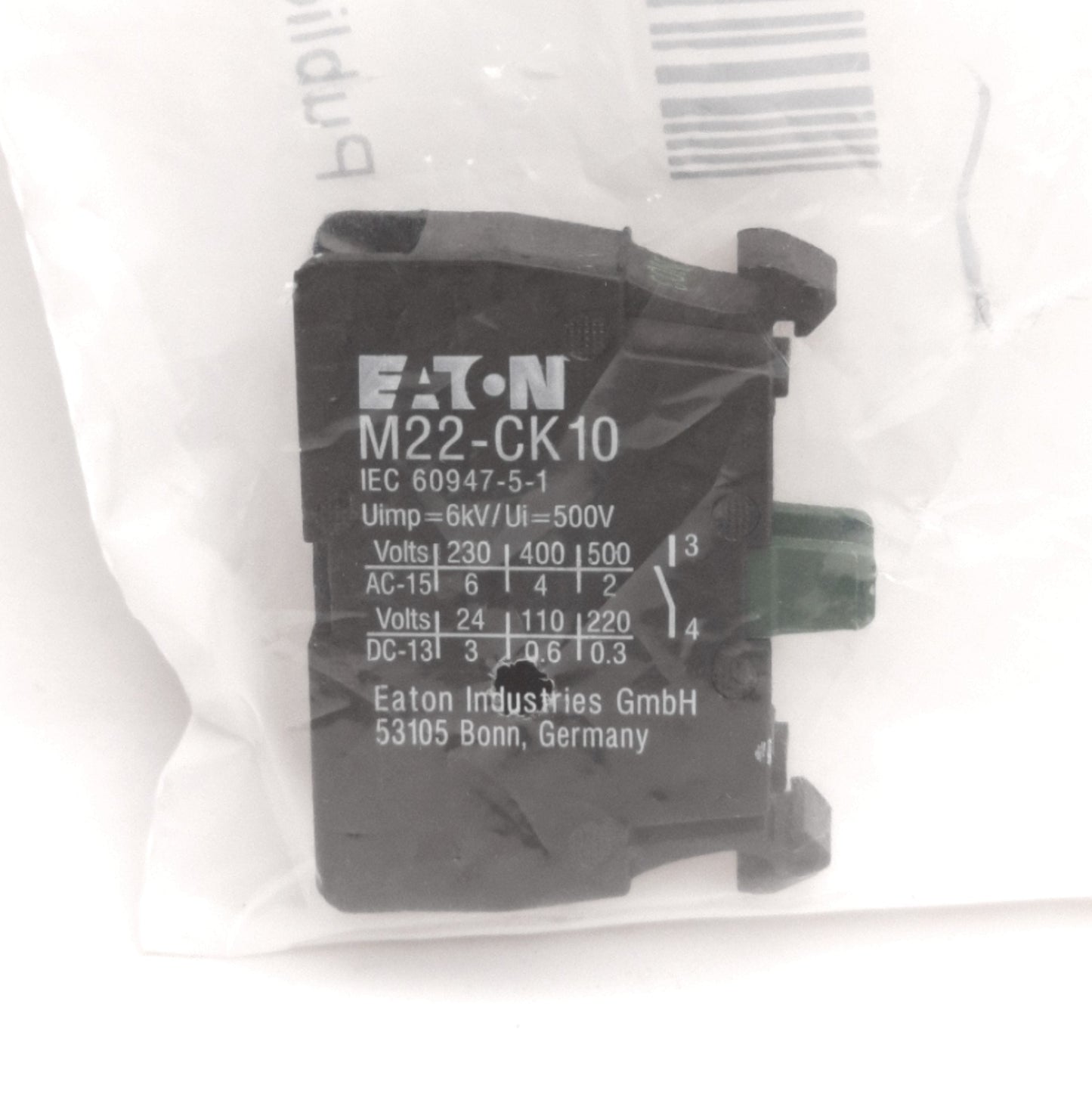New Lot of 2 Eaton M22-CK10 22.5mm Pushbutton Contact Block, NO, 500VAC/230VDC