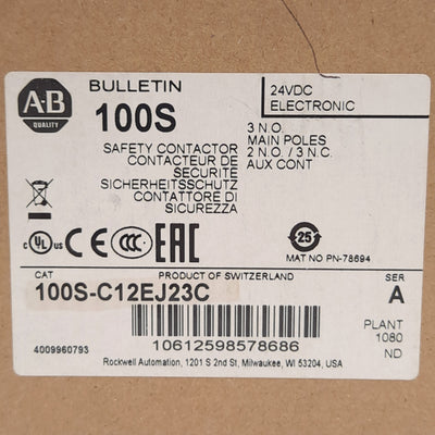 New – Open box Allen Bradley 100S-C12EJ23C Safety Contactor, 12A, 3 N.O. Poles, 24VDC Coil