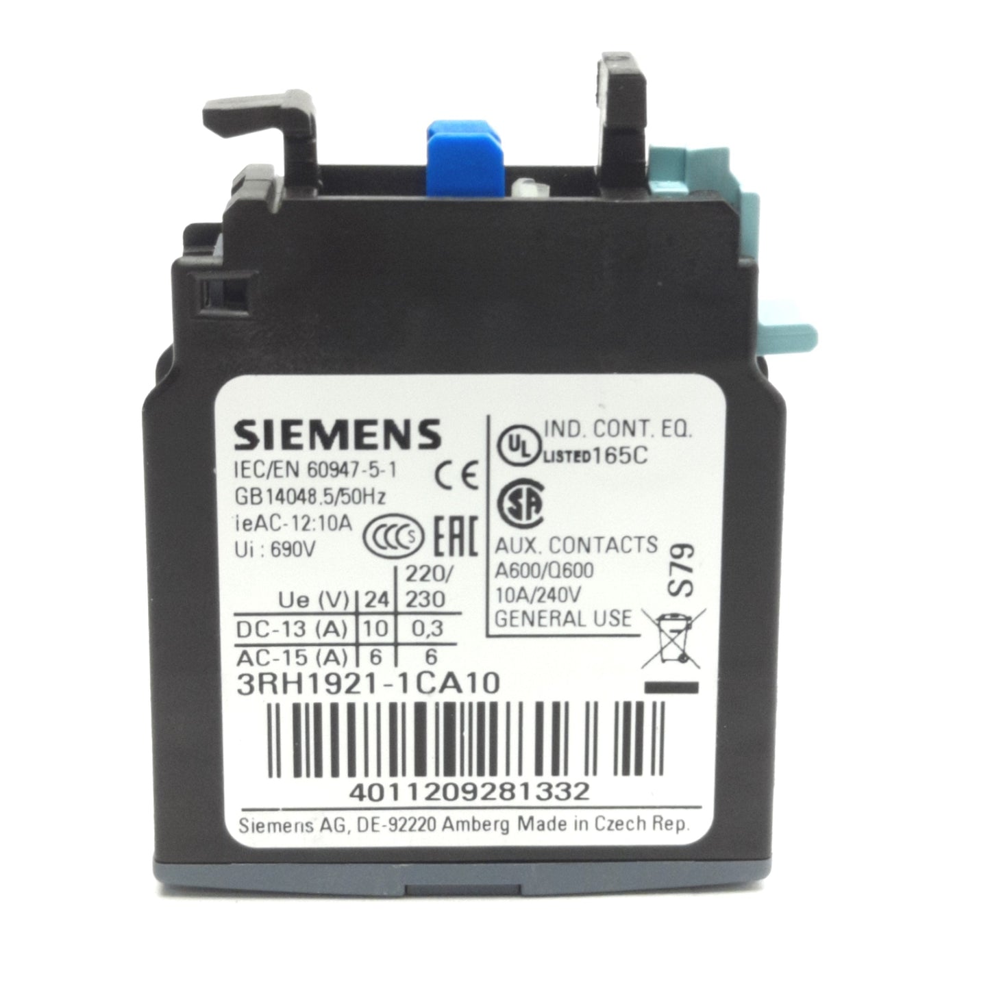 Used Lot of 6 Siemens 3RH1921-1CA10 Auxiliary Contact Blocks 240V 10A, Normally Open