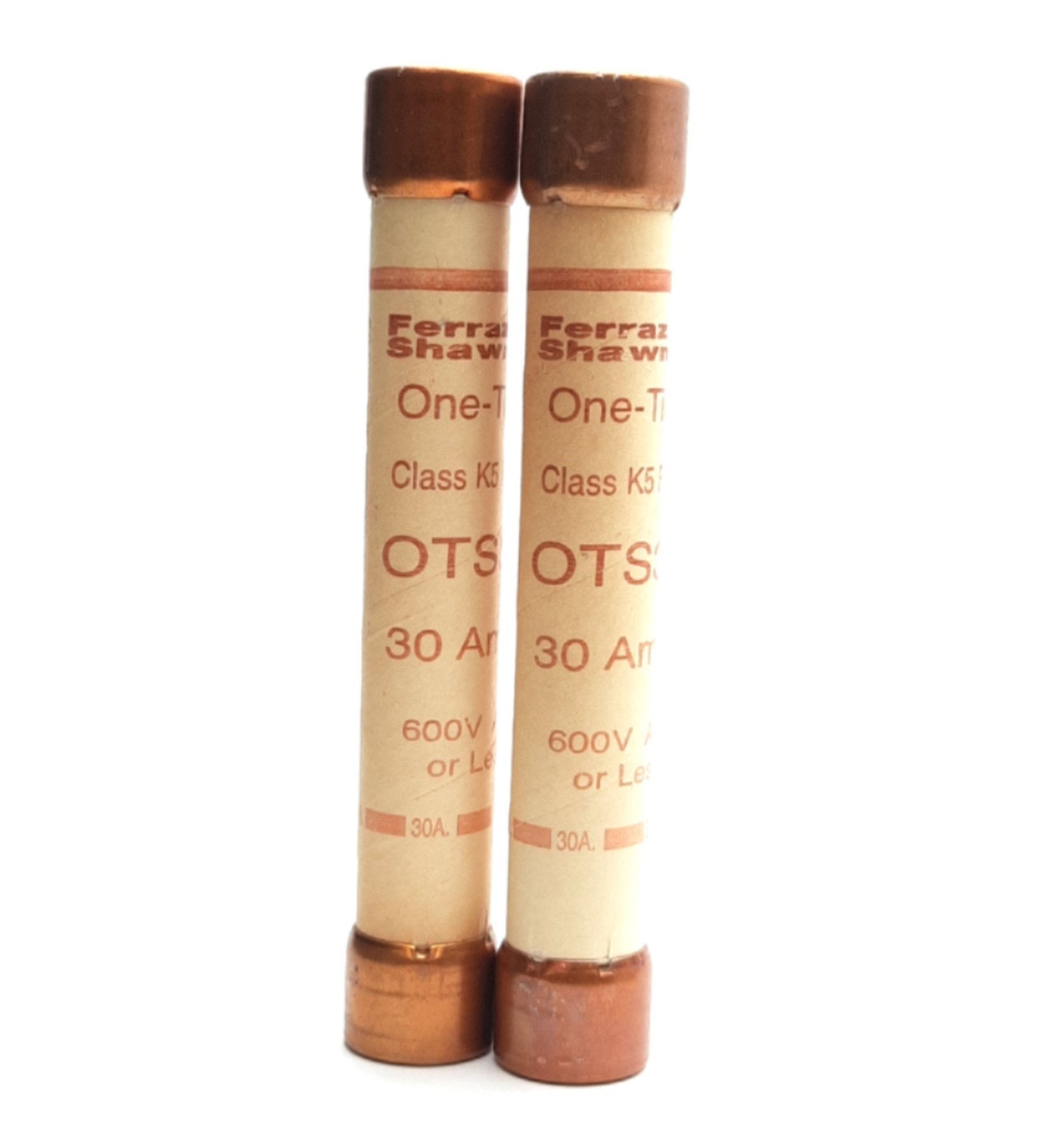 New – Open box Lot of 2 Ferraz Shawmut OTS30 One-Time Class K5 Fuse, 30 Amp 600V AC