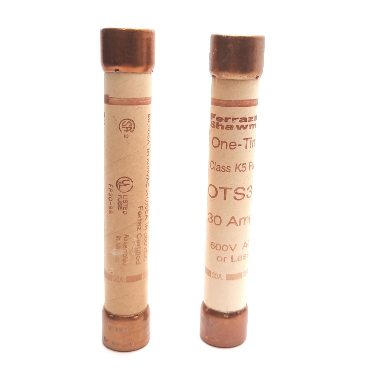 New – Open box Lot of 2 Ferraz Shawmut OTS30 One-Time Class K5 Fuse, 30 Amp 600V AC