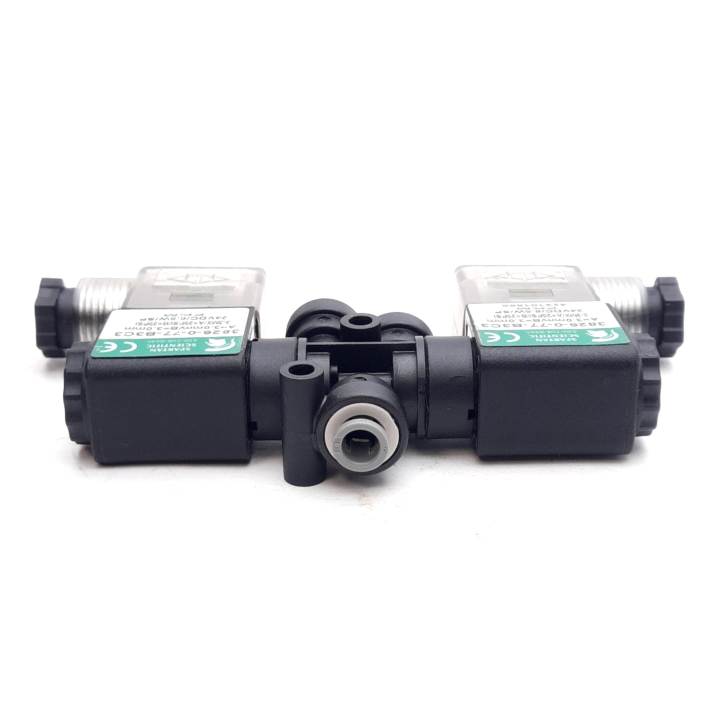 Used Spartan Scientific 3826-0-77-B3C3 Inert Gas Mixing Solenoids, 25PSI, 24VDC Coils