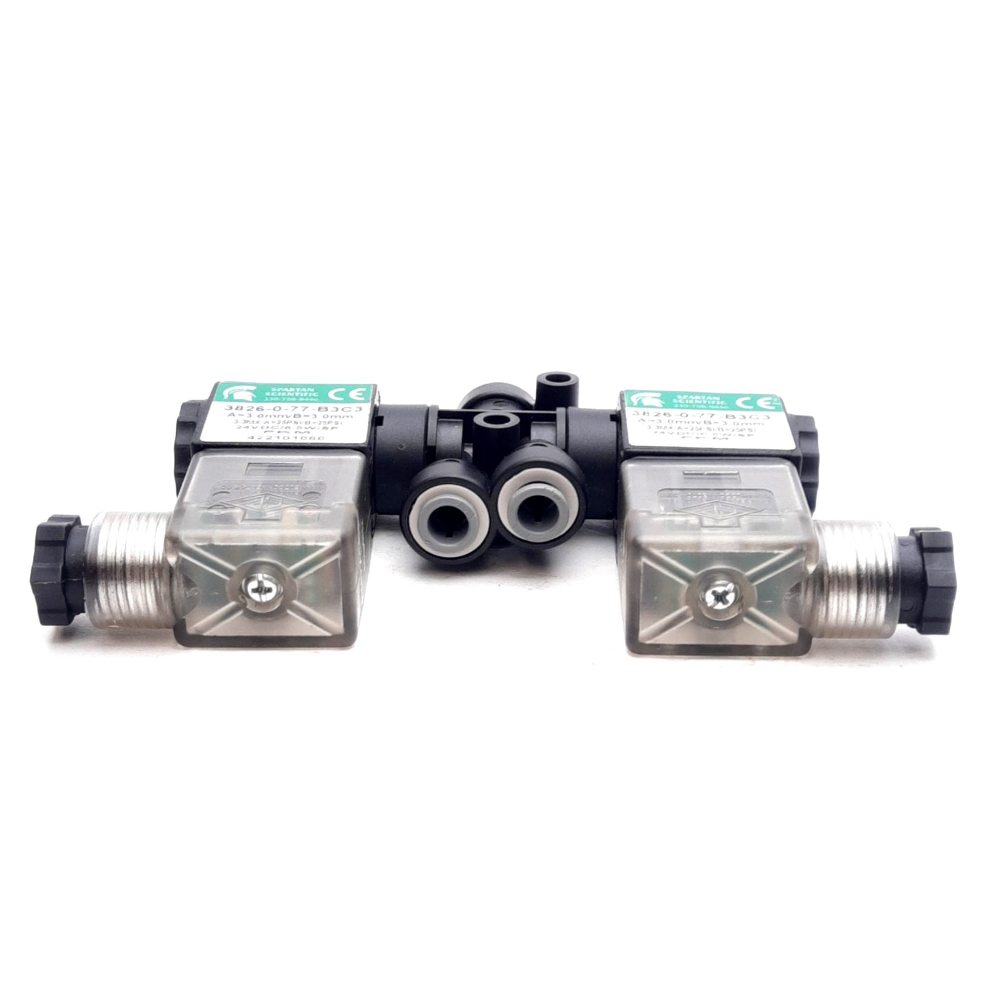 Used Spartan Scientific 3826-0-77-B3C3 Inert Gas Mixing Solenoids, 25PSI, 24VDC Coils