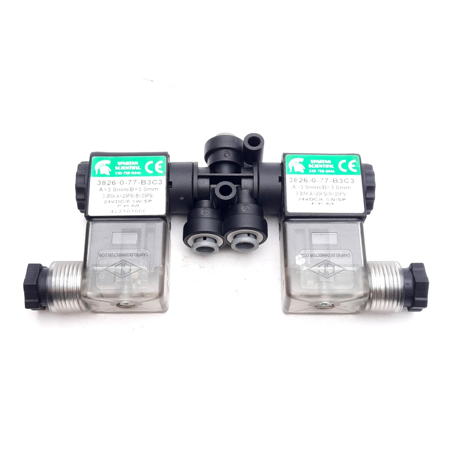 Used Spartan Scientific 3826-0-77-B3C3 Inert Gas Mixing Solenoids, 25PSI, 24VDC Coils