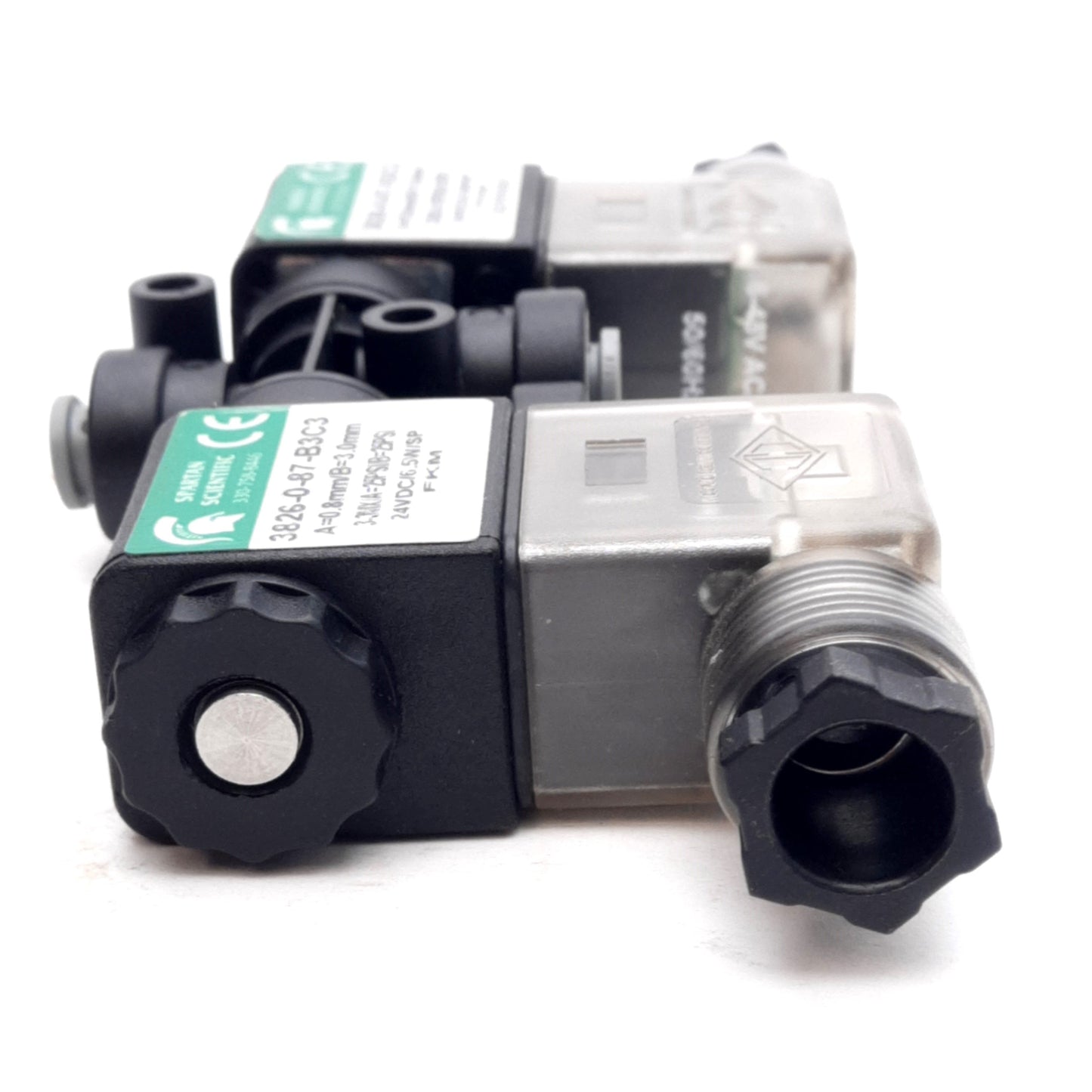 Used Spartan Scientific 3826-0-87-B3C3 Inert Gas Mixing Solenoids, 25PSI, 24VDC Coils