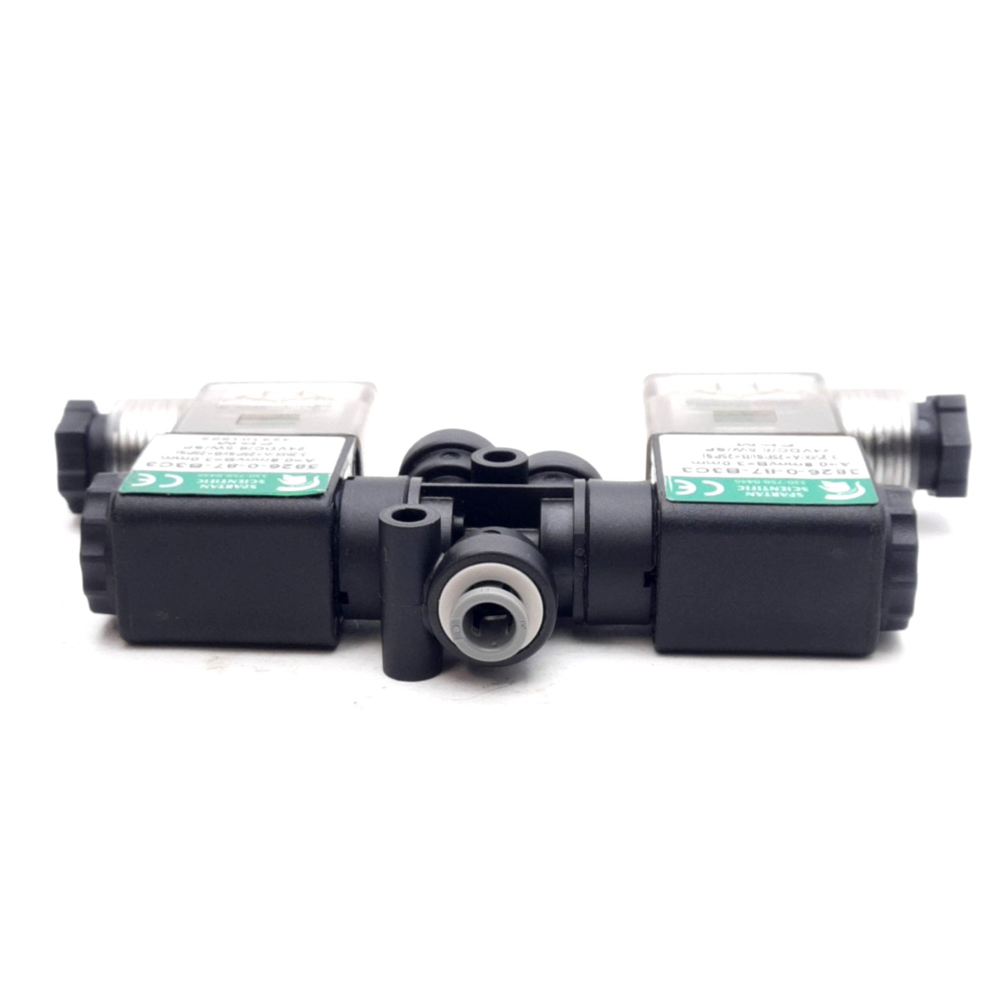 Used Spartan Scientific 3826-0-87-B3C3 Inert Gas Mixing Solenoids, 25PSI, 24VDC Coils