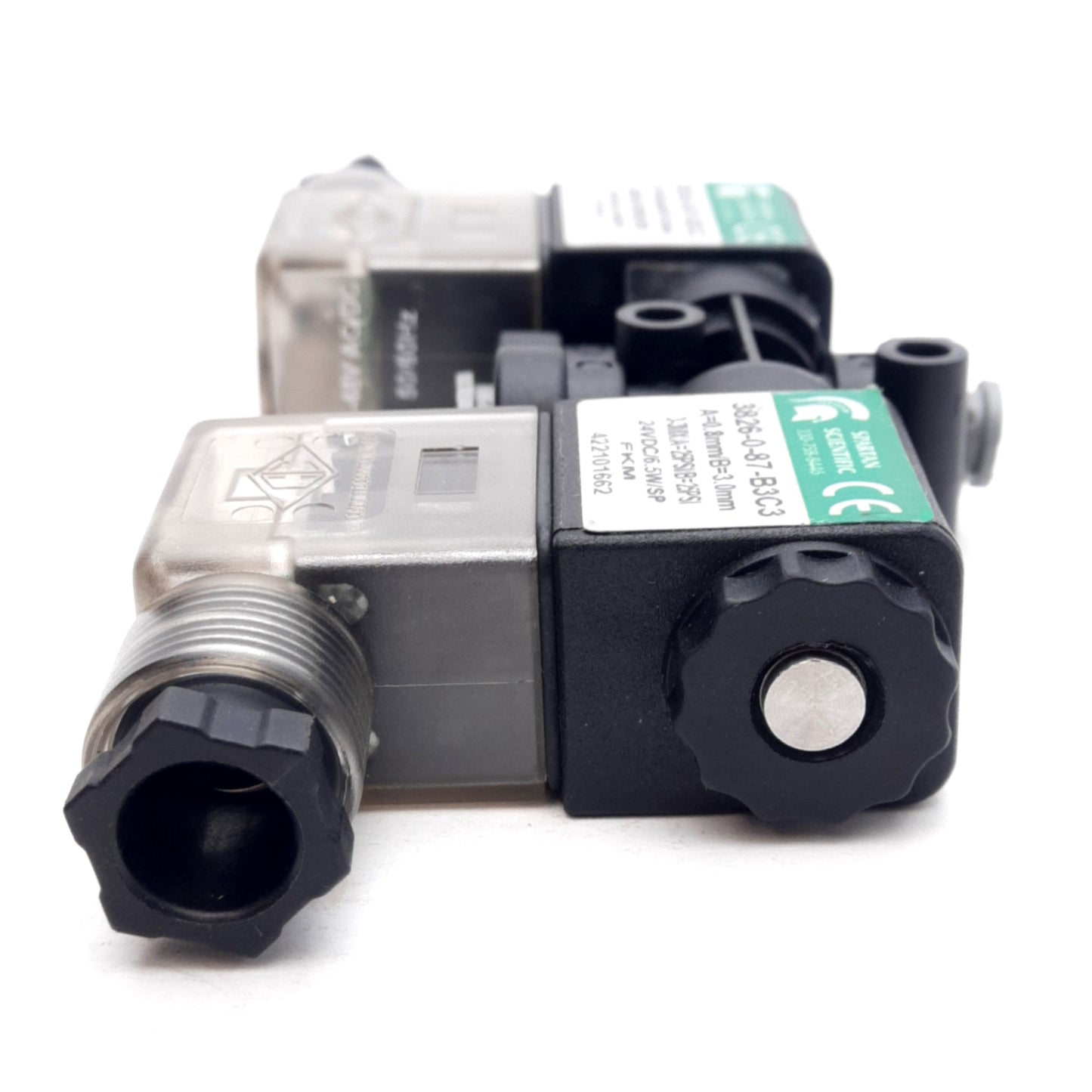 Used Spartan Scientific 3826-0-87-B3C3 Inert Gas Mixing Solenoids, 25PSI, 24VDC Coils