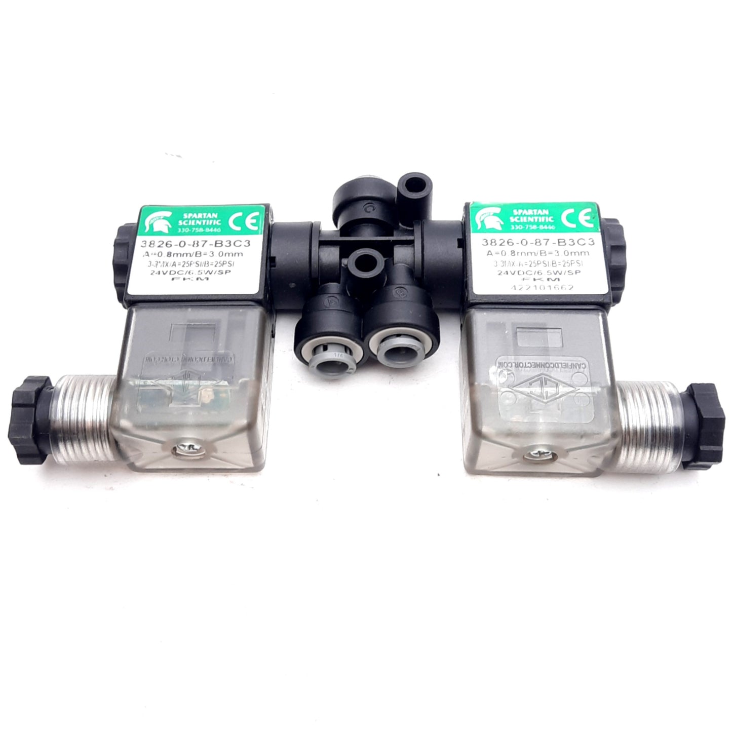 Used Spartan Scientific 3826-0-87-B3C3 Inert Gas Mixing Solenoids, 25PSI, 24VDC Coils