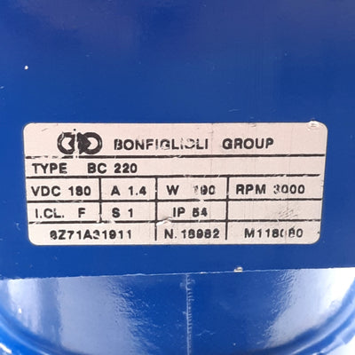 Used Bonfiglioli BC 220 Motor & VF44 Worm Gear Speed Reducer 60:1, ø18mm Bore, 180VDC