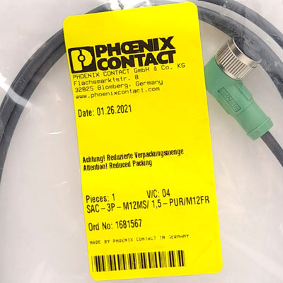 New – Open box Phoenix Contact SAC-3P-M12MS/1,5-PUR/M12FR 1681567 Cable, M12 3-Pin Male/Female