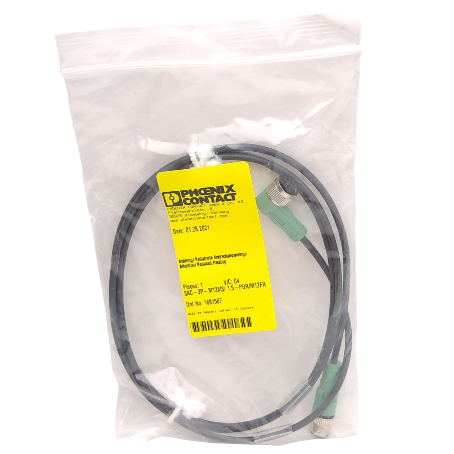 New – Open box Phoenix Contact SAC-3P-M12MS/1,5-PUR/M12FR 1681567 Cable, M12 3-Pin Male/Female