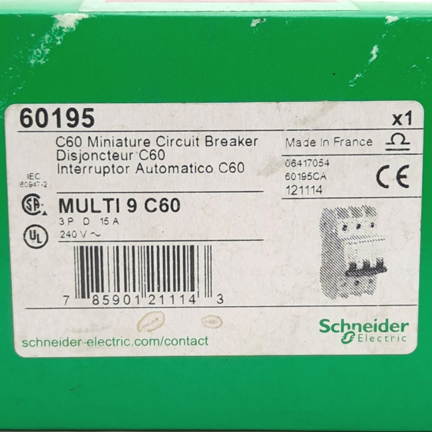 New – Open box Schneider Electric 60195 Mini Circuit Breaker, 3-Pole, D-Curve, 240VAC 15A