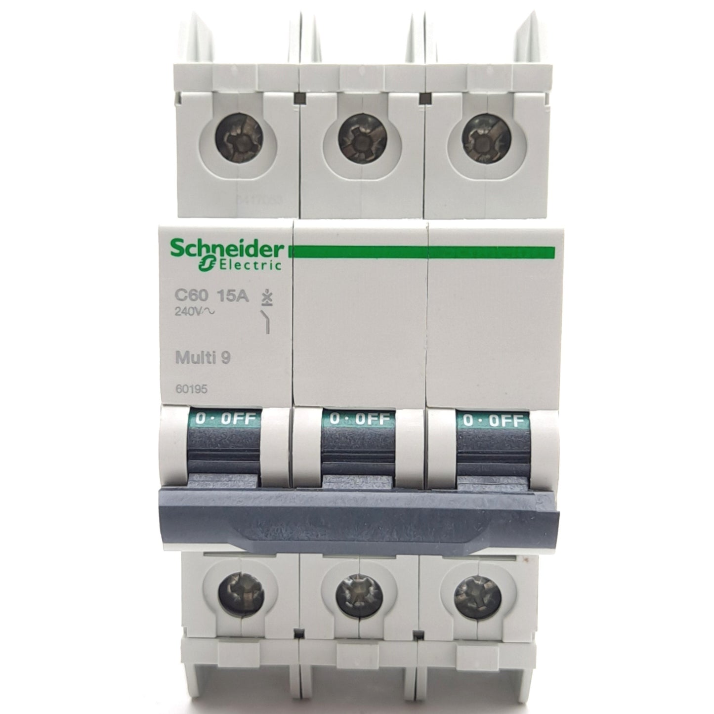 New – Open box Schneider Electric 60195 Mini Circuit Breaker, 3-Pole, D-Curve, 240VAC 15A