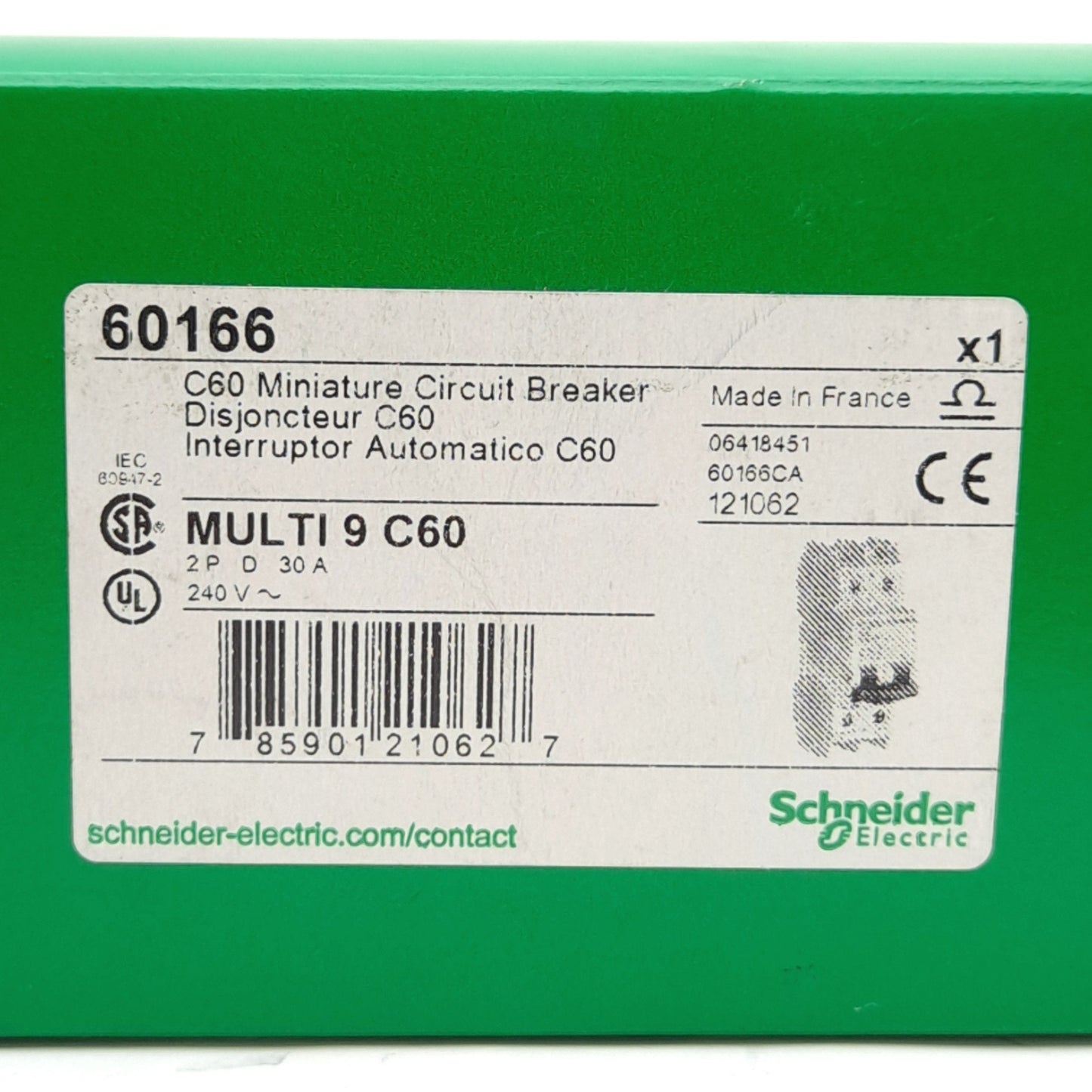 New Schneider Electric 60166 Mini Circuit Breaker, 2-Pole, D-Curve, 240VAC 30A