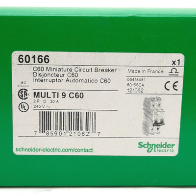 New Schneider Electric 60166 Mini Circuit Breaker, 2-Pole, D-Curve, 240VAC 30A