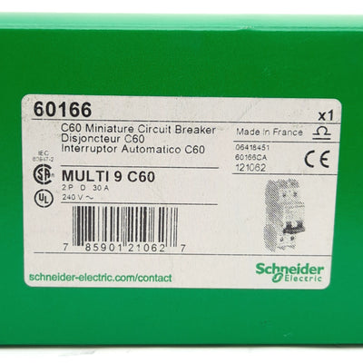New Schneider Electric 60166 Mini Circuit Breaker, 2-Pole, D-Curve, 240VAC 30A