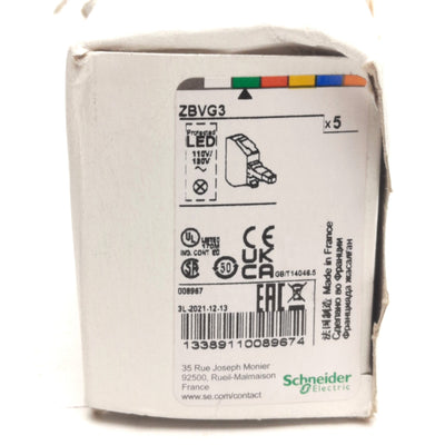 New – Open box Lot of 5 Schneider Electric ZBV-G3 Pushbutton LED Module, 120VAC, 22mm, Green