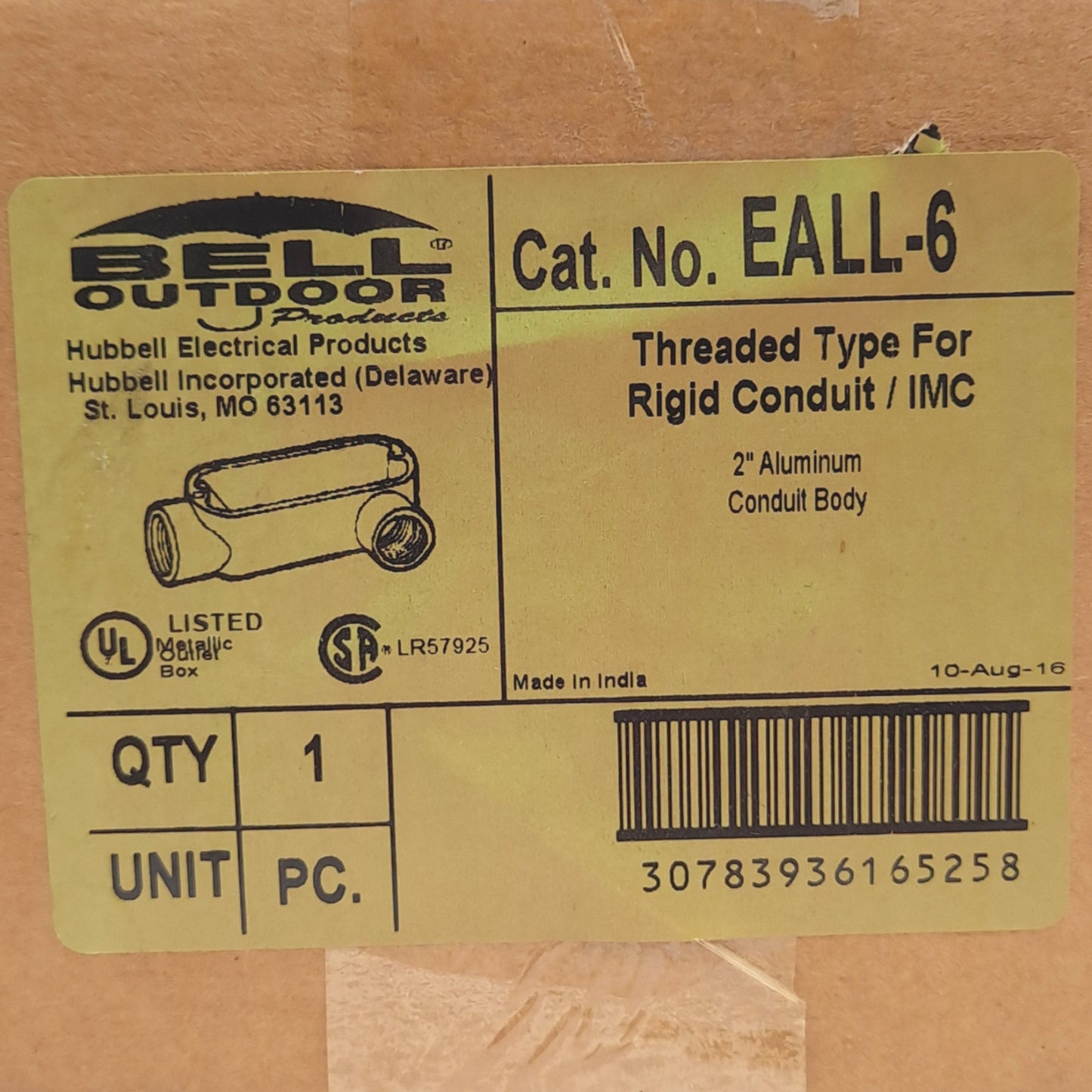 New – Open box Hubbell Killark EALL-6 Conduit Body Fitting, Type LL, Aluminum, ø2in Hub