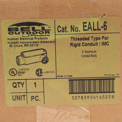 New – Open box Hubbell Killark EALL-6 Conduit Body Fitting, Type LL, Aluminum, ø2in Hub