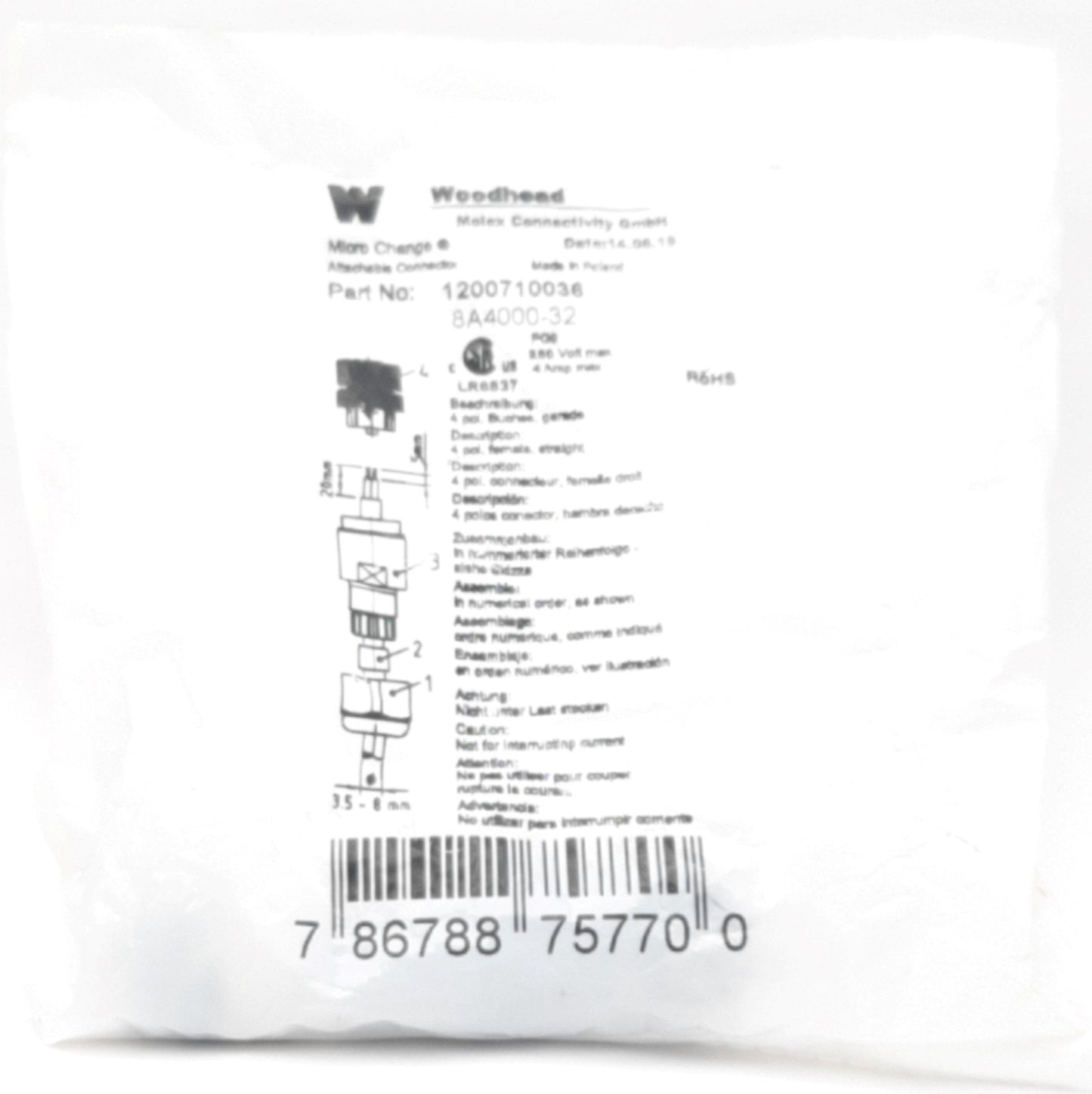 New Woodhead 1200710036 Field Attachable Connector M12 4-Pin Female, 4A