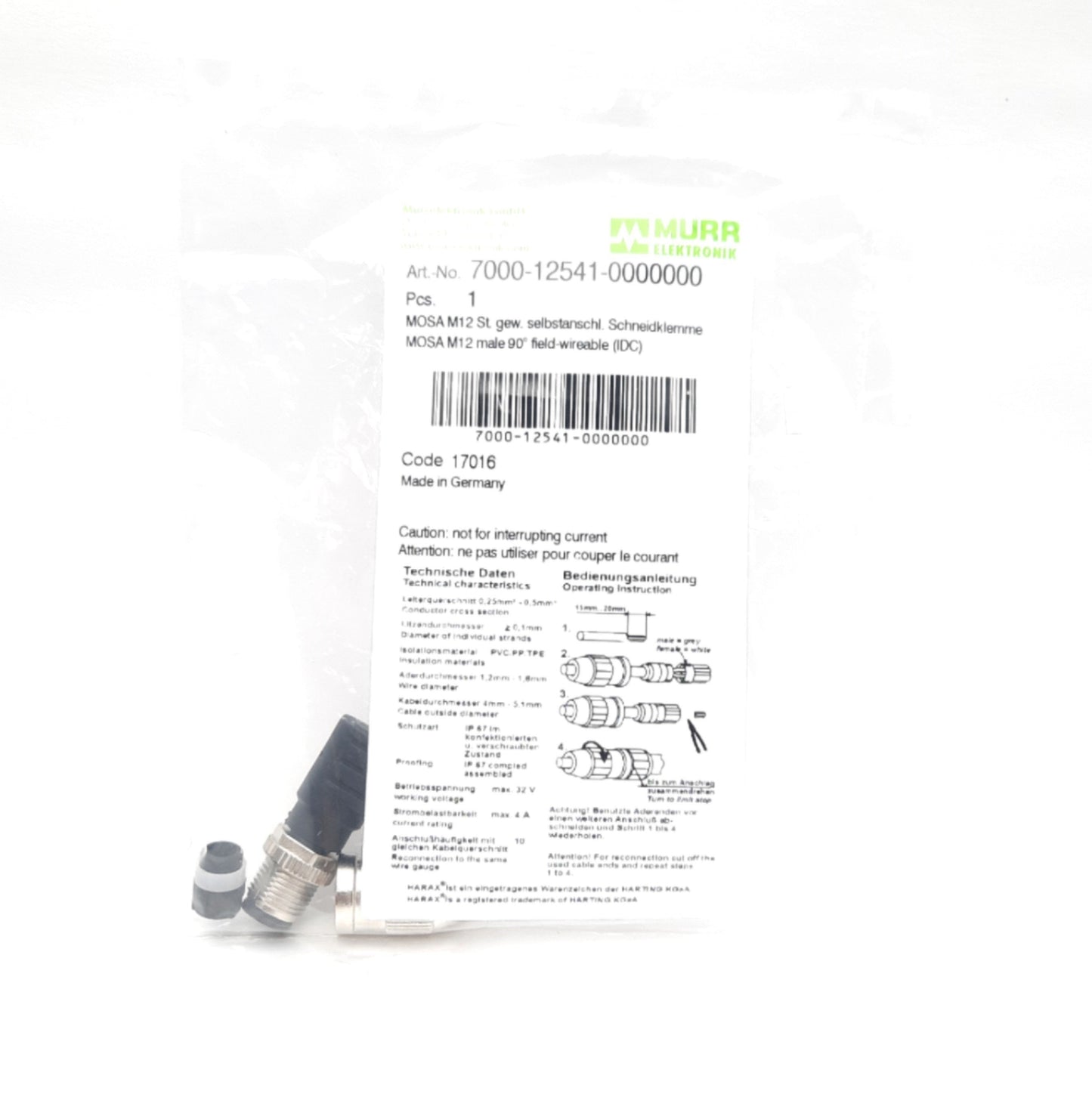 New Lot of 2 Murrelektronik 7000-12541-0000000 Connector, M12 3-Pin Male Right Angle