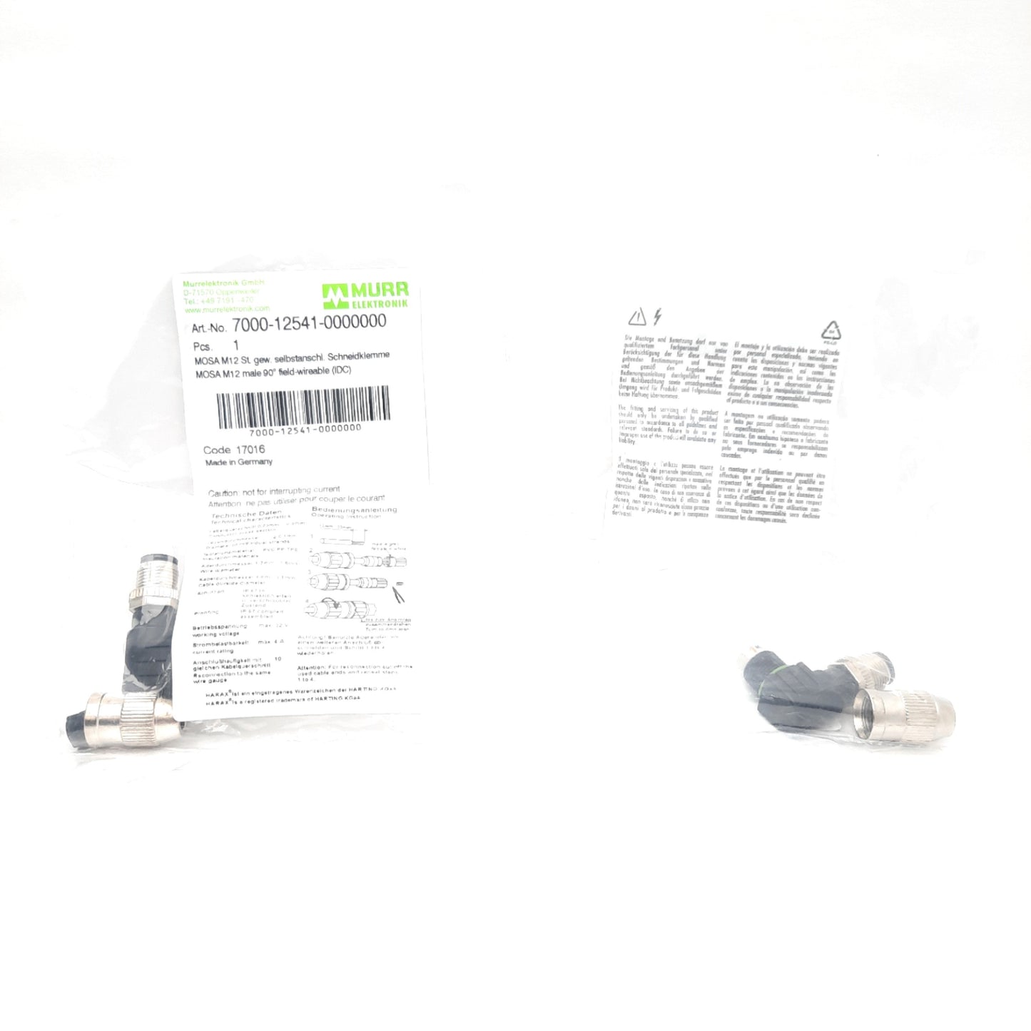 New Lot of 2 Murrelektronik 7000-12541-0000000 Connector, M12 3-Pin Male Right Angle