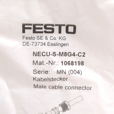 New Festo NECU-S-M8G4-C2 1068198 Cable Connector, M8 4-Pin Male to Screw Terminal