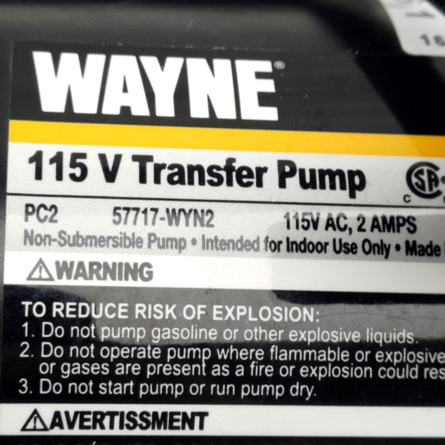 Open box Wayne 57717-WYN2 PC2 Transfer Pump, 115VAC 2A, ø3/4in Hose Fitting, 390GPH Max
