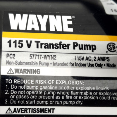 Open box Wayne 57717-WYN2 PC2 Transfer Pump, 115VAC 2A, ø3/4in Hose Fitting, 390GPH Max