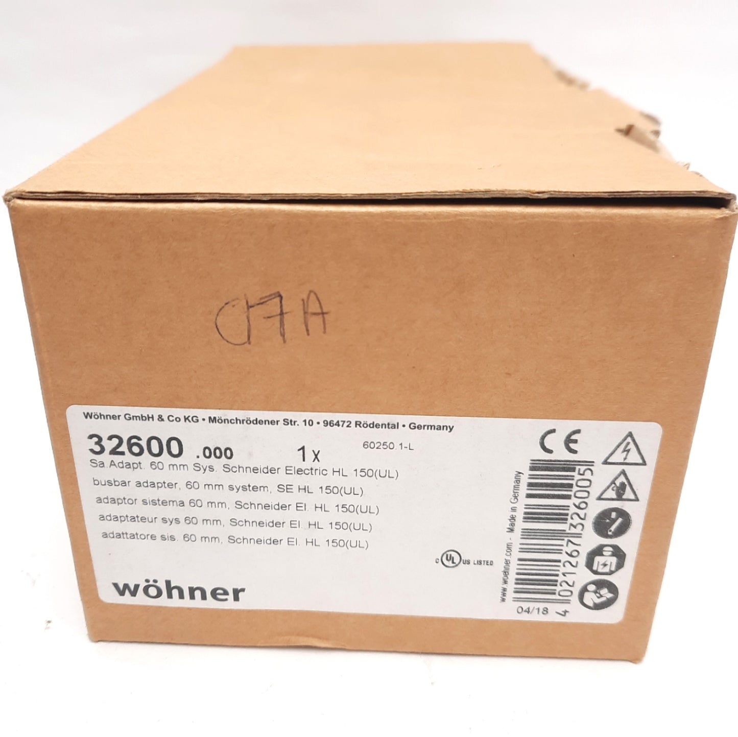 New Wohner 32600.000 Busbar Adapter For 60mm System, 150A 3-Pole, 105x190mm