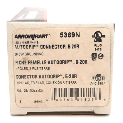 New Arrow Hart 5369N Straight Blade Connector, 2-Pole, 3-Wire, 125V 20A