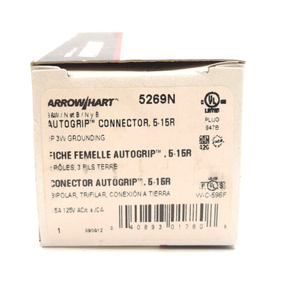New Lot of 2 Arrow Hart 5269N Straight Blade Connector, 2-Pole, 3-Wire, 125V 15A